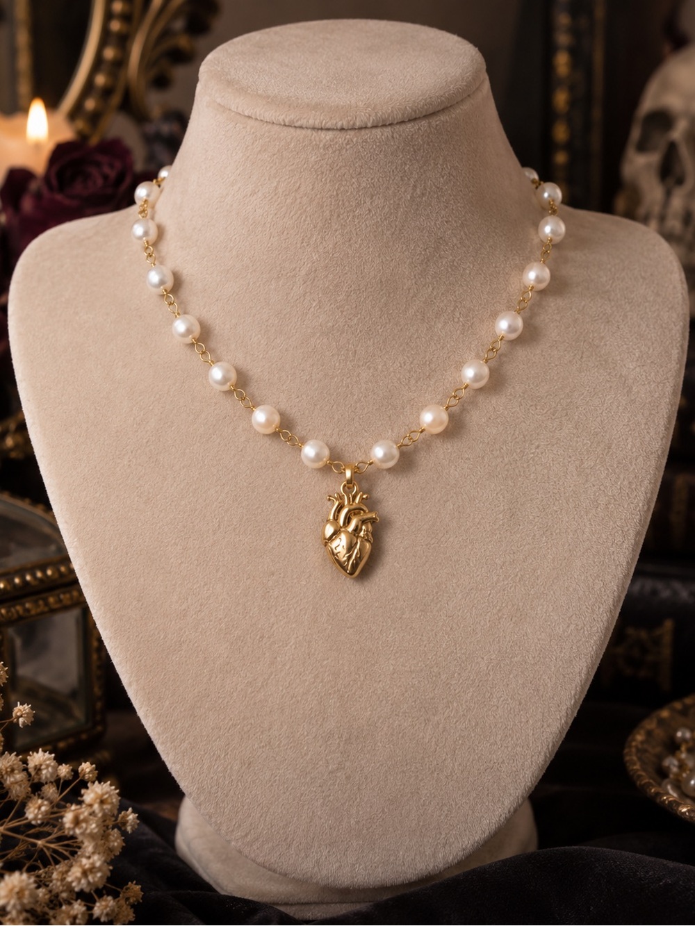 Gold anatomical Heart Pendant fresh water Pearl Necklace - Women Jewelry